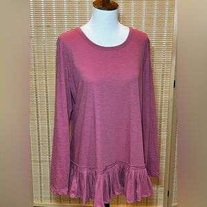 LOGO by Lori Goldstein Cotton Slub Knit Top Pleated Hem dusty rose pink medium